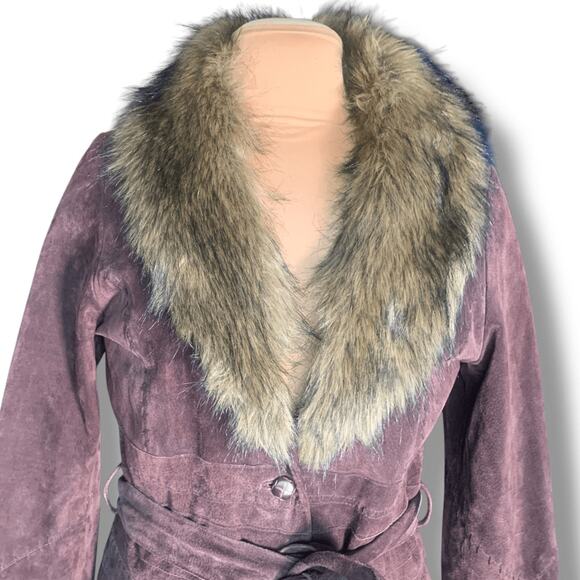 Vintage Y2K Wilsons Penny Lane Tan Brown Suede Leather Faux Fur Collar Long Coat - Picture 2 of 14